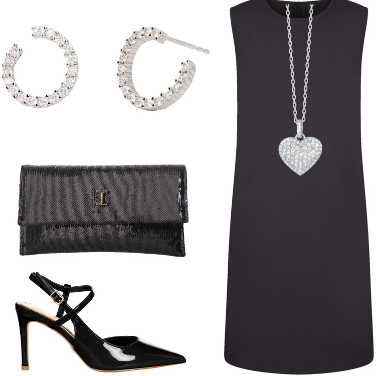 Outfit donna - Elegante in Total black. Stile Bon Ton per Serata fuori. Abbinamento con décolleté, orecchini, collane, borse a tracolla, vestiti lunghi.