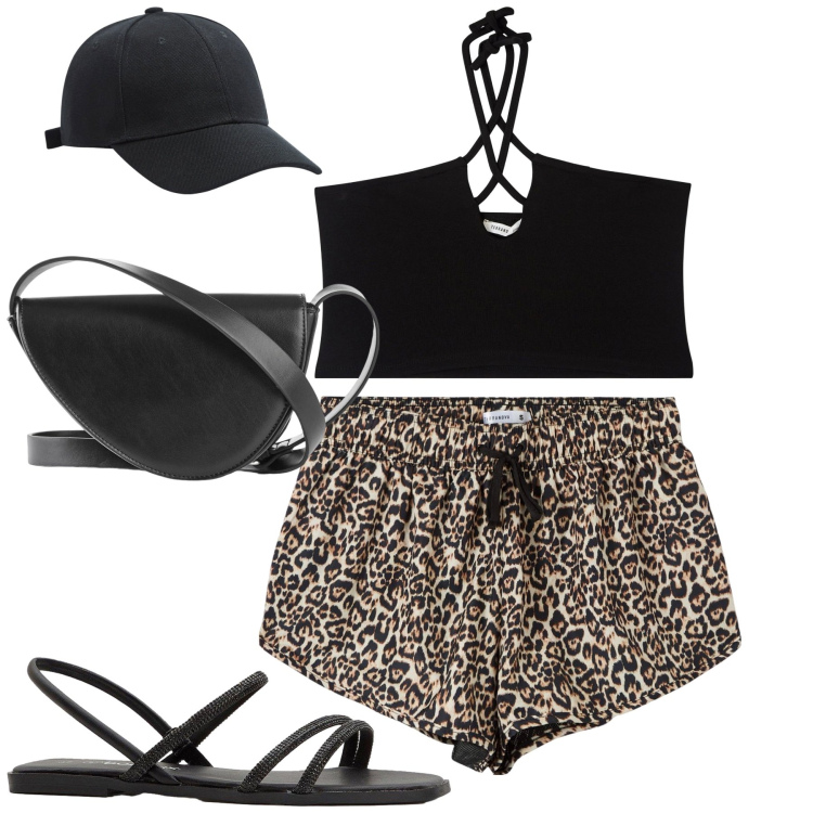 Outfit donna - Hot pants. Stile Casual per Tutti i giorni. Abbinamento con sandali, borse a tracolla, cappelli, top, shorts.