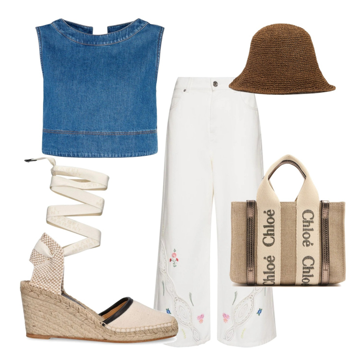 Outfit donna - Top in jeans. per Tutti i giorni. Abbinamento con top, pantaloni, borse a mano, cappelli, espadrillas.