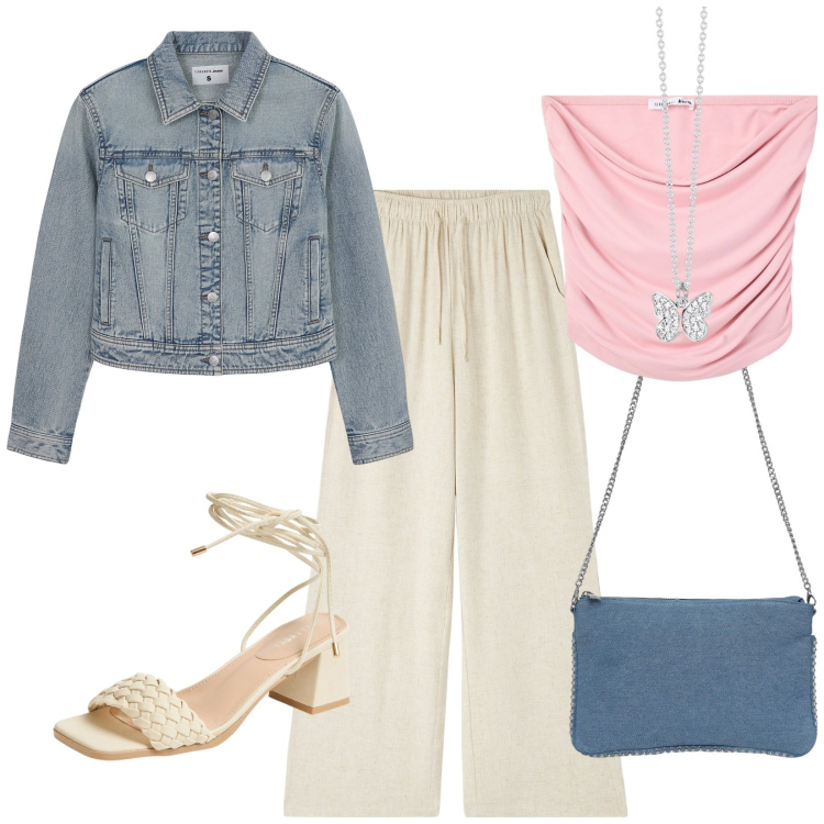 Outfit donna - Con la giacca jeans. Stile Casual per Tutti i giorni. Abbinamento con pantaloni, borse a tracolla, top, sandali alla schiava, blazer, collane.