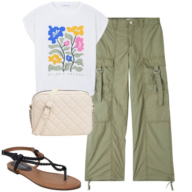 Outfit donna - Giugno. Stile Casual per Tutti i giorni. Abbinamento con ciabatte, t-shirt, pantaloni cargo, borse a tracolla.