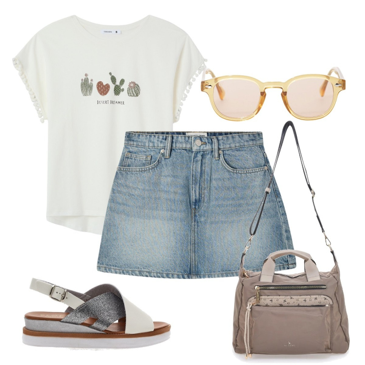 Outfit donna - La minigonna in ecopelle. Stile Preppy per Tutti i giorni. Abbinamento con t-shirt, minigonne, occhiali da sole, sandali, borse a tracolla.