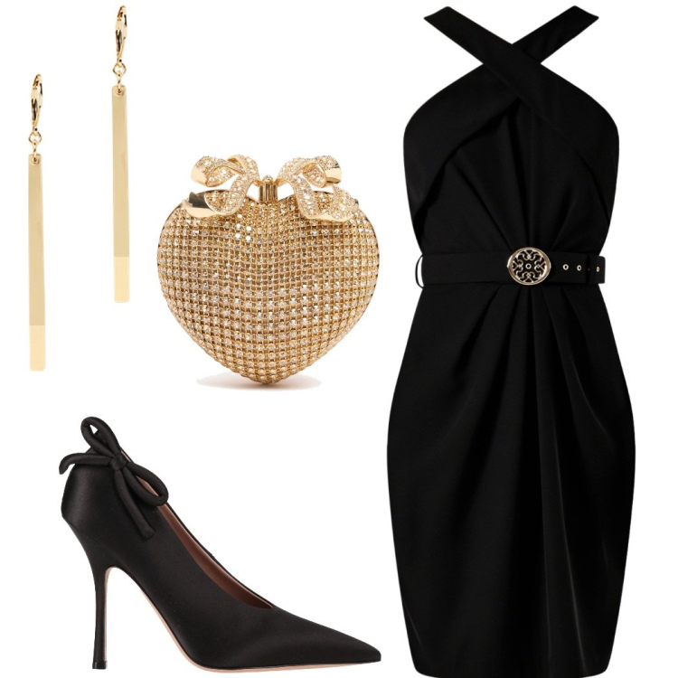 Outfit donna - Elegante cena fuori. Stile Glamour per Serata fuori. Abbinamento con décolleté, vestiti a tubino, orecchini, pochette.