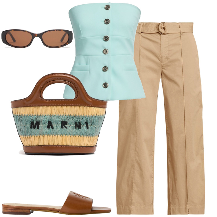 Outfit donna - City. Stile Casual chic per Tutti i giorni. Abbinamento con top, ciabatte, pantaloni, shopping bag, occhiali da sole.