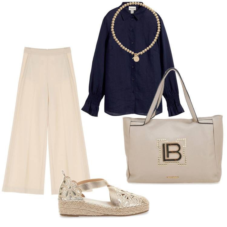 Outfit donna - In ufficio senza giacca. per Ufficio. Abbinamento con camicie, pantaloni a palazzo, collane, borse a spalla, espadrillas.