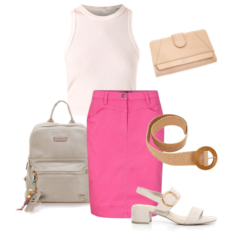 Outfit donna - La gonna fucsia. Stile Casual chic per Tutti i giorni. Abbinamento con gonne, top, portafogli, zaini, sandali col tacco, cinture.