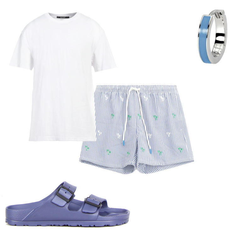 Outfit uomo - Piscina in estate. Stile Casual per Tutti i giorni. Abbinamento con t-shirt, orecchini, costumi, sandali.