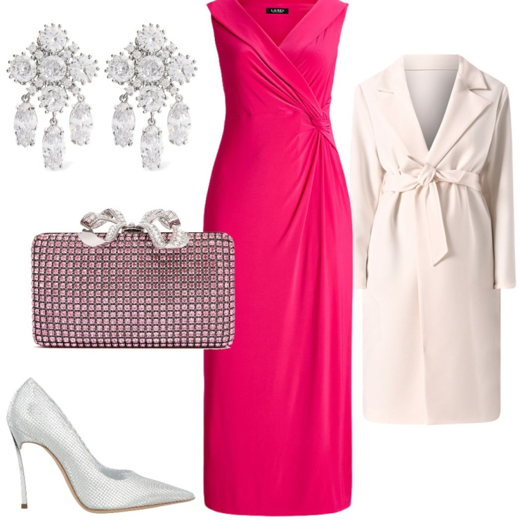 Outfit donna - Invito all\' opera. Stile Glamour per Serata fuori. Abbinamento con décolleté, cappotti, vestiti lunghi, orecchini, pochette.