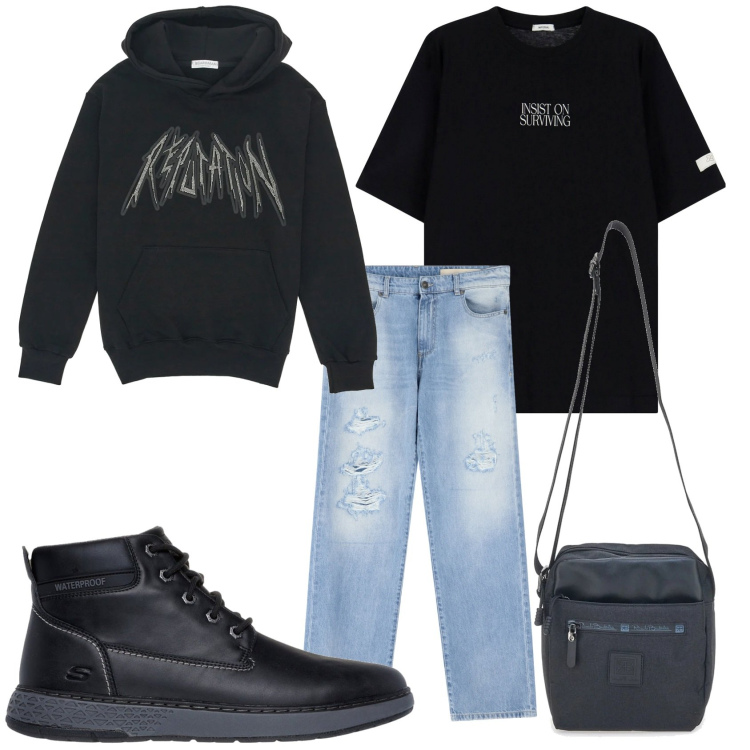 Outfit uomo - Felpa rock. Stile Biker Rock per Tutti i giorni. Abbinamento con t-shirt, jeans strappati, portafogli, felpe con cappuccio, stivali e stivaletti.