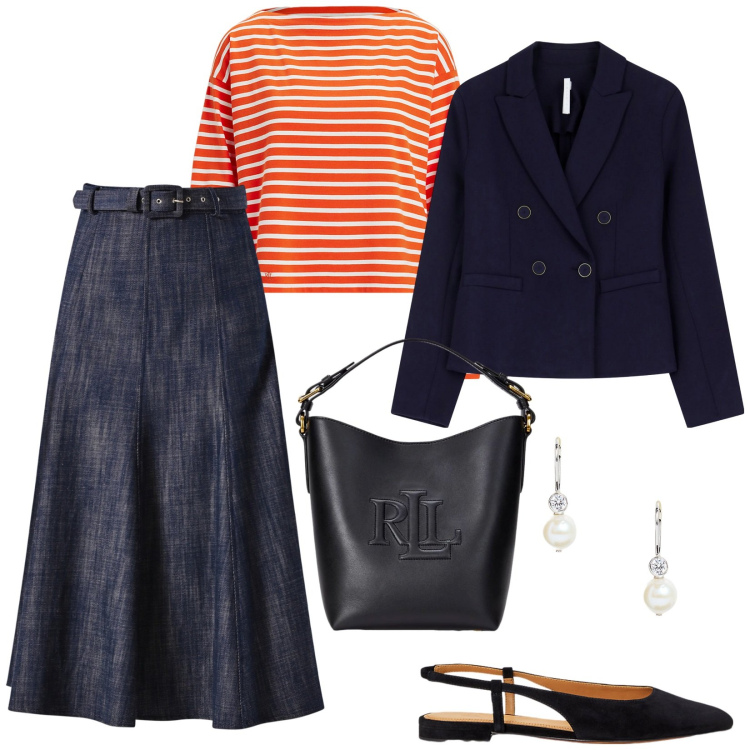 Outfit donna - Urban. per Tutti i giorni. Abbinamento con gonne longuette, blazer, orecchini, t-shirt, ballerine, borse a secchiello.