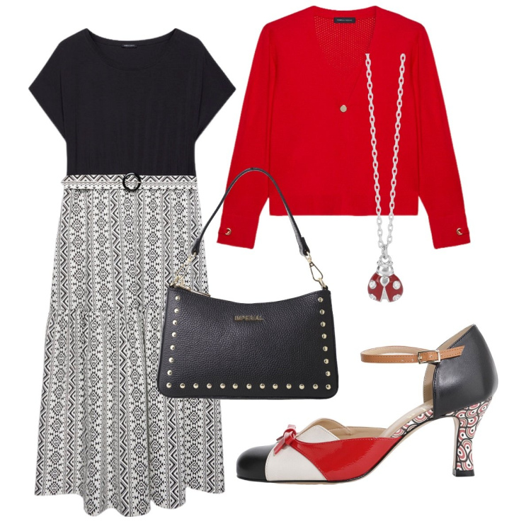 Outfit donna - Abito lungo nero & bianco. Stile Romantica per Tutti i giorni. Abbinamento con collane, borse a spalla, décolleté, vestiti lunghi, cardigans.
