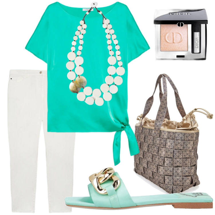Outfit donna - Verde Acqua. Stile Trendy per Tutti i giorni. Abbinamento con sandali in pelle, ombretti, bluse, pantaloni skinny, ciondoli, borse a spalla.