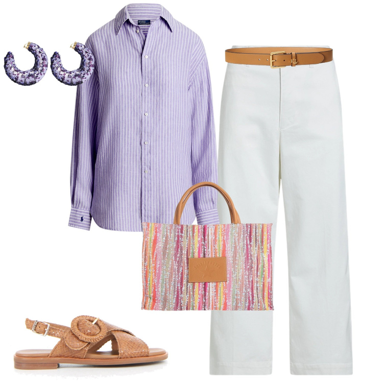 Outfit donna - City. Stile Urban per Tutti i giorni. Abbinamento con borse a mano, pantaloni, cinture, camicie, orecchini, sandali.