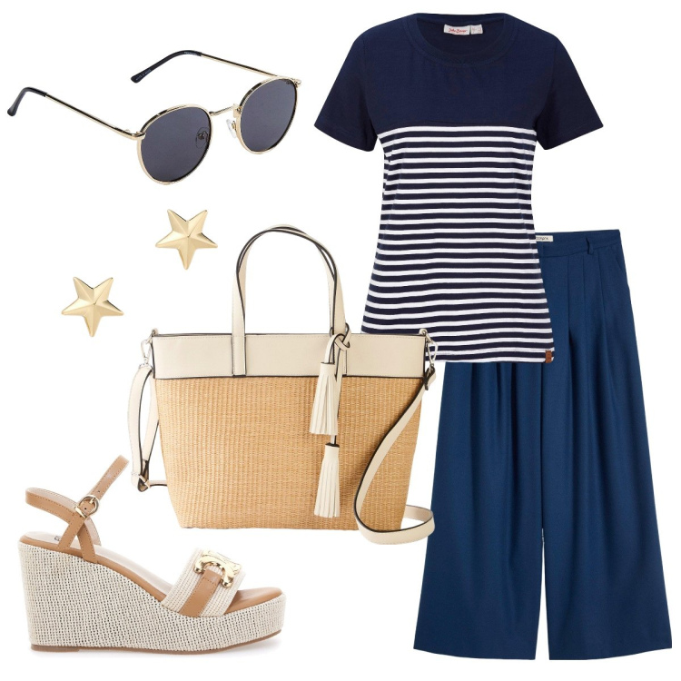 Outfit donna - I pantaloni palazzo. Stile Casual chic per Tutti i giorni. Abbinamento con pantaloni, t-shirt, shopping bag, occhiali da sole, orecchini, zeppe.