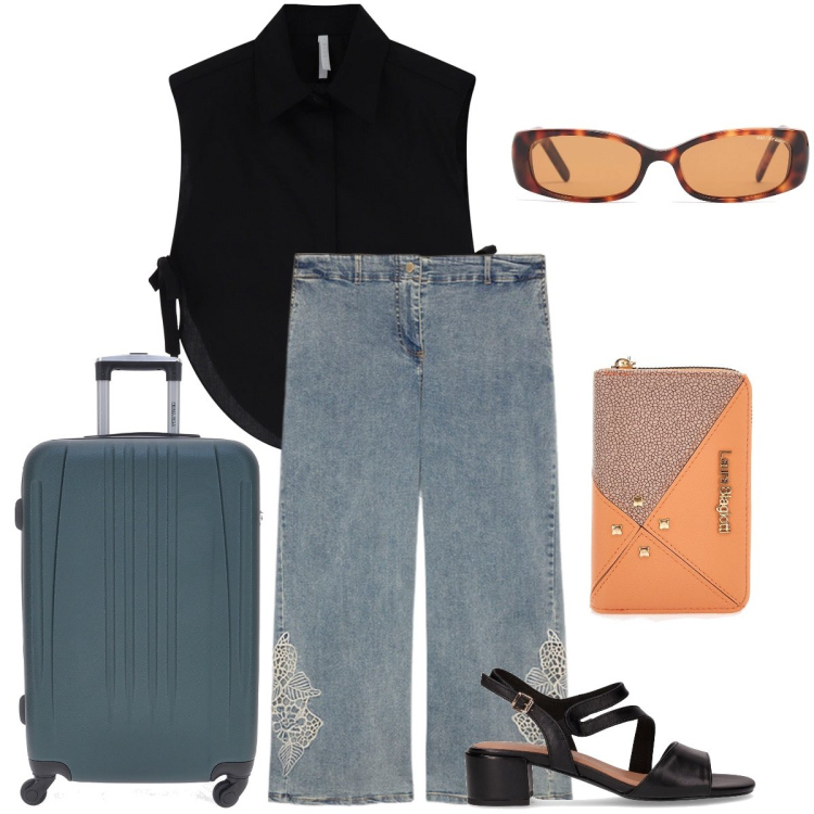 Outfit donna - In viaggio. Stile Boho per Tutti i giorni. Abbinamento con camicie, jeans, valigie, portafogli, sandali col tacco, occhiali da sole.