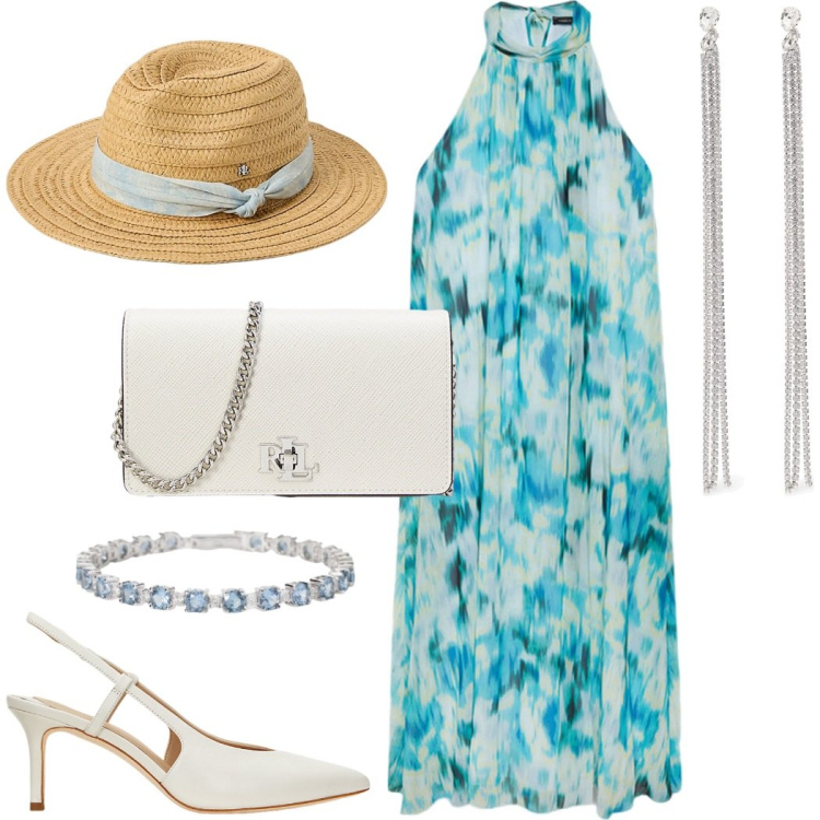 Outfit donna - Evento di giorno. Stile Chic per Cerimonia. Abbinamento con braccialetti, décolleté, borse a tracolla, cappelli, vestiti lunghi, orecchini.
