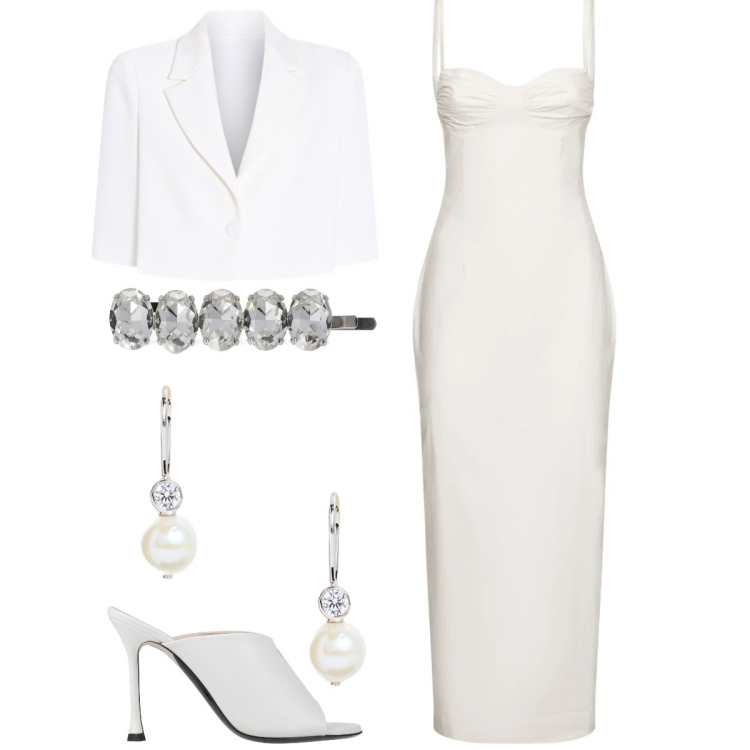 Outfit donna - Sposa di giugno. Stile Chic per Cerimonia. Abbinamento con sandali in pelle, cappe, orecchini, vestiti midi/longuette, accessori per capelli.
