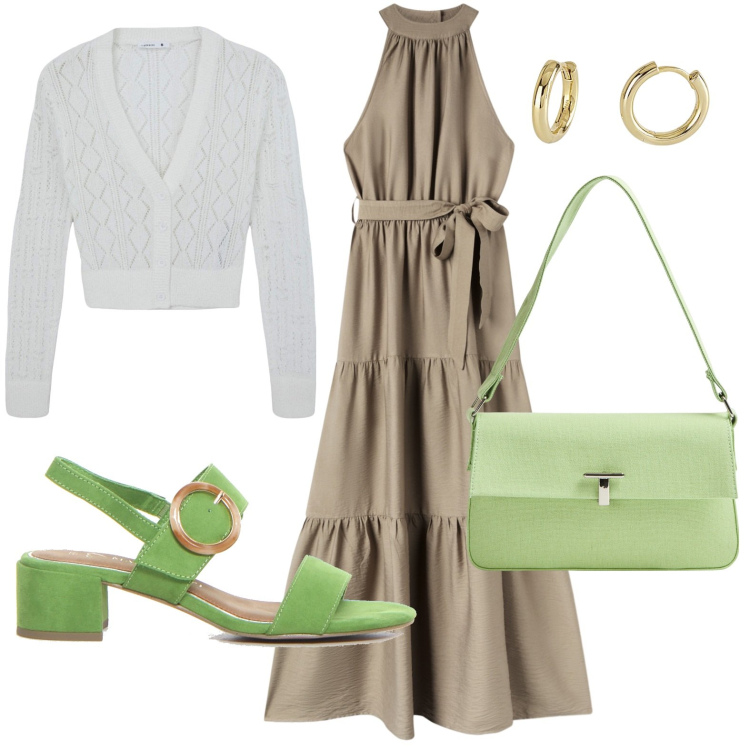 Outfit donna - Maxi dress, maxi libertà. Stile Minimal per Serata fuori. Abbinamento con cardigans, borse a spalla, vestiti lunghi, orecchini, sandali col tacco.