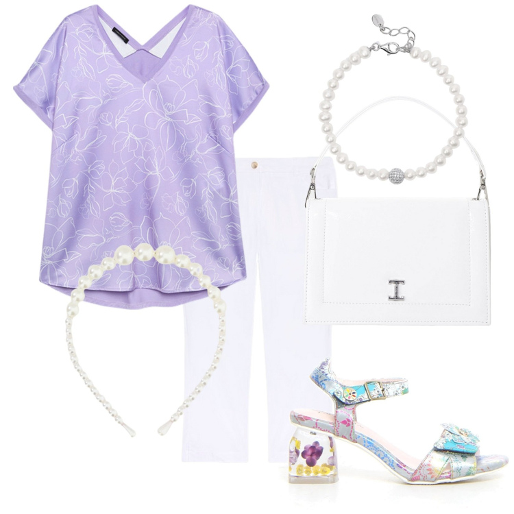 Outfit donna - Estate boho. Stile Boho per Serata fuori. Abbinamento con braccialetti, borse a tracolla, cerchietti, t-shirt, pantaloni, sandali col tacco.