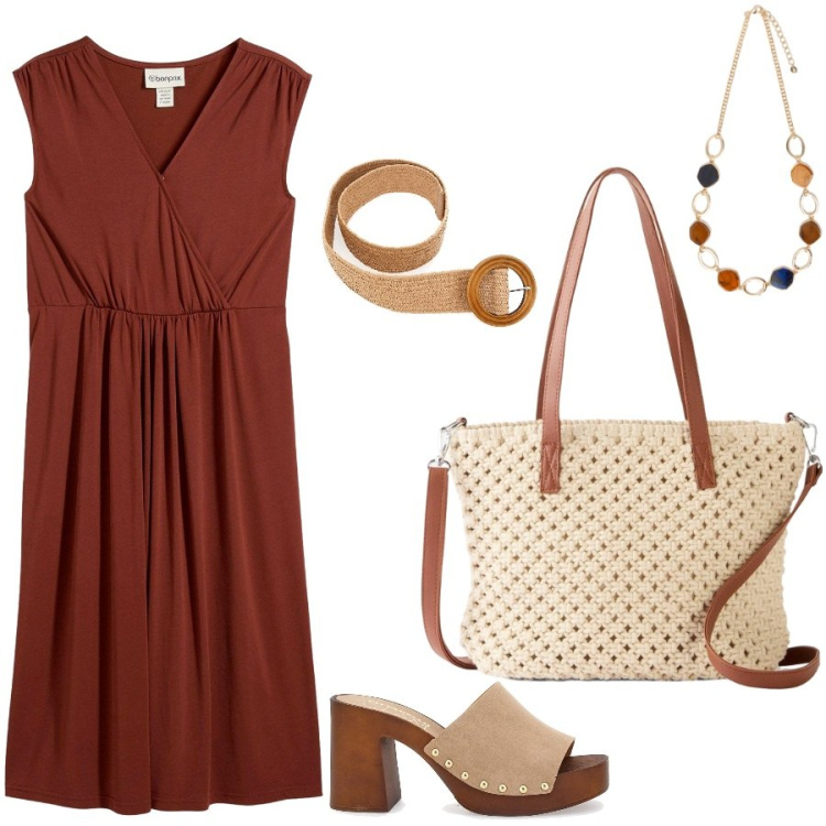 Outfit donna - Brown. Stile Casual per Tutti i giorni. Abbinamento con vestiti, borse a mano, zoccoli, collane, cinture.