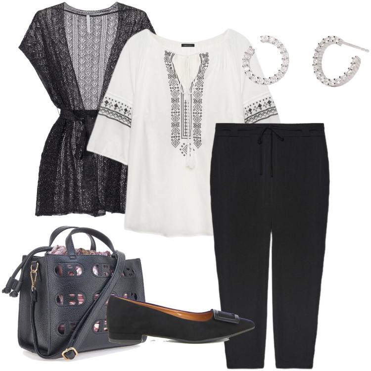 Outfit donna - Stile boho. Stile Boho per Serata fuori. Abbinamento con orecchini, cappotti, bluse, pantaloni, ballerine, borse a mano.