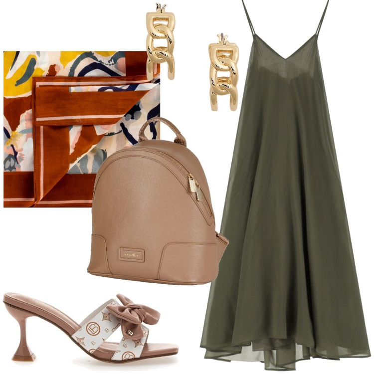 Outfit donna - Urban style. Stile Casual chic per Tutti i giorni. Abbinamento con zaini, foulard, vestiti midi/longuette, orecchini, sandali.