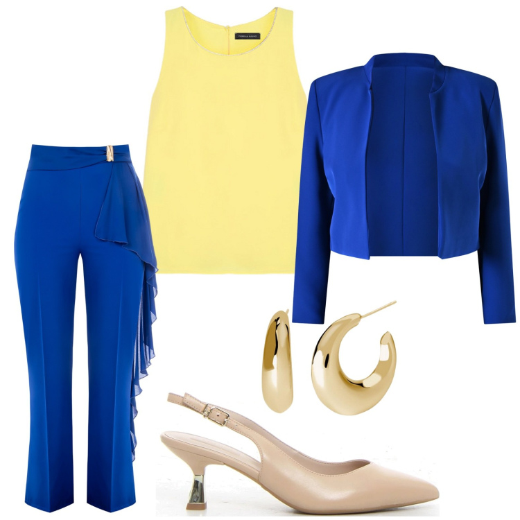 Outfit donna - Coordinati leggeri e chic. Stile Glamour per Serata fuori. Abbinamento con orecchini, blazer, pantaloni, top, décolleté.
