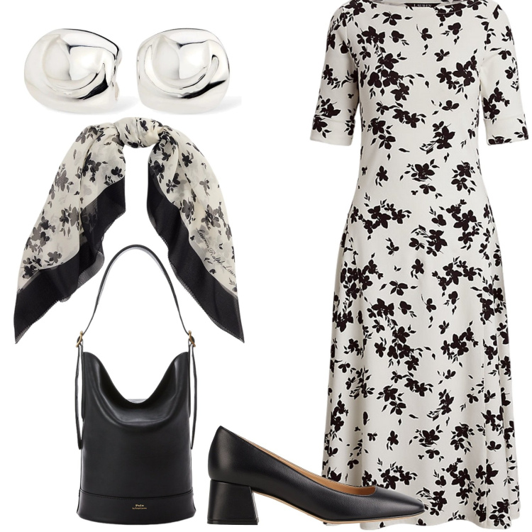 Outfit donna - In ufficio. Stile Vintage retrò per Ufficio. Abbinamento con décolleté, borse a secchiello, foulard, vestiti, orecchini.