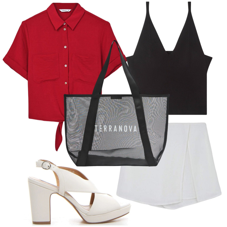 Outfit donna - Coordinati leggeri e chic. Stile Minimal per Tutti i giorni. Abbinamento con top, camicie a manica corta, minigonne, shopping bag, sandali col tacco.