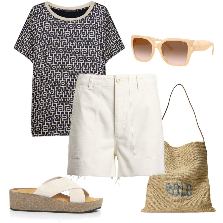 Outfit donna - Gli shorts sfrangiati. Stile Basic per Mare. Abbinamento con occhiali da sole, borse tote, bermuda, t-shirt, ciabatte.