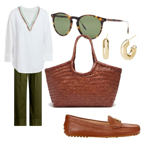 Outfit donna - la camicia di lino. Stile Sporty chic per Tutti i giorni. Abbinamento con top, orecchini, mocassini, occhiali da sole, pantaloni, shopping bag.