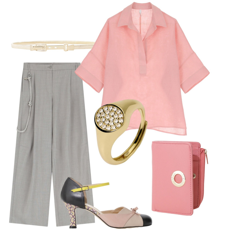 Outfit donna - Imperial casual chic. Stile Casual chic per Serata fuori. Abbinamento con anelli, portafogli, camicie a manica corta, pantaloni, cinture, décolleté.