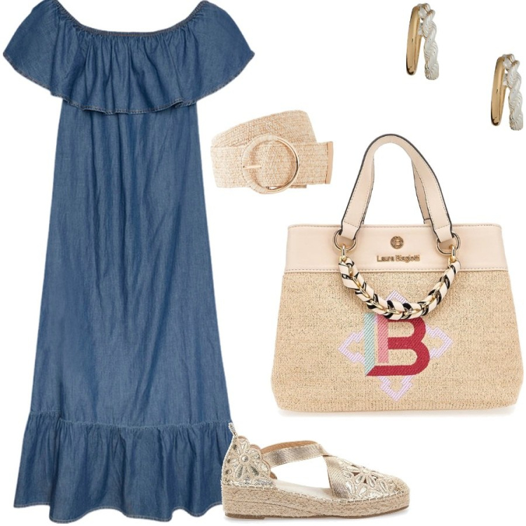 Outfit donna - Abito balze in tessuto jeans. Stile Casual chic per Tutti i giorni. Abbinamento con cinture, orecchini, vestiti lunghi, espadrillas, borse a mano.