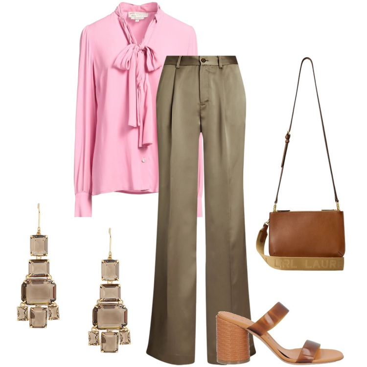 Outfit donna - La camicia col fiocco. Stile Bon Ton per Serata fuori. Abbinamento con sandali col tacco, camicie, borse a tracolla, orecchini, pantaloni.