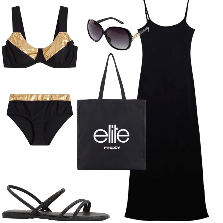 Outfit donna - Al mare. Stile Casual per Mare. Abbinamento con sandali, occhiali da sole, bikini, vestiti lunghi, shopping bag.