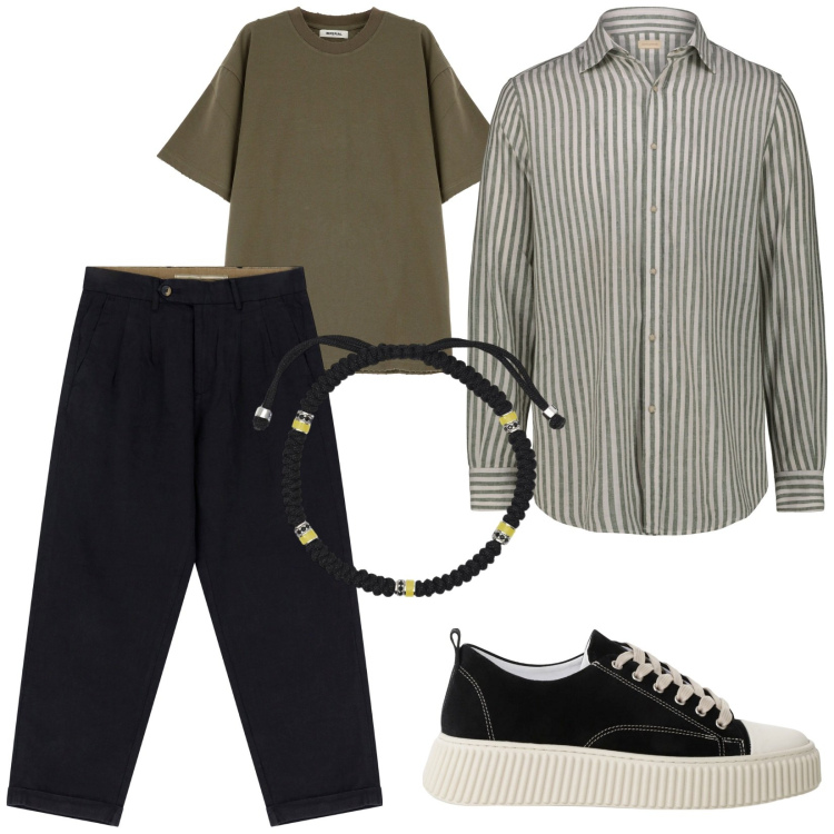 Outfit uomo - Pronto per l\'aperitivo. Stile Trendy per Tutti i giorni. Abbinamento con braccialetti, sneakers, t-shirt, pantaloni chino, camicie.