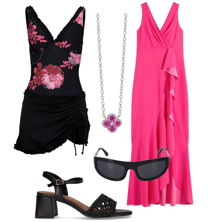 Outfit donna - Serata in piscina. Stile Sporty chic per Serata fuori. Abbinamento con vestiti da spiaggia, vestiti lunghi, collane, occhiali da sole, sandali col tacco.