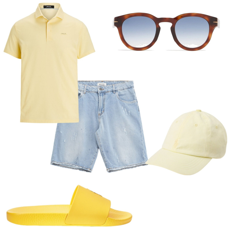 Outfit uomo - Appena arrivo al mare. Stile Urban per Mare. Abbinamento con bermuda, polo, cappelli, sandali, occhiali da sole.