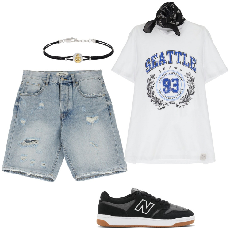 Outfit uomo - Jeans corti strappati. Stile Casual per Tutti i giorni. Abbinamento con braccialetti, sneakers, t-shirt, bermuda.
