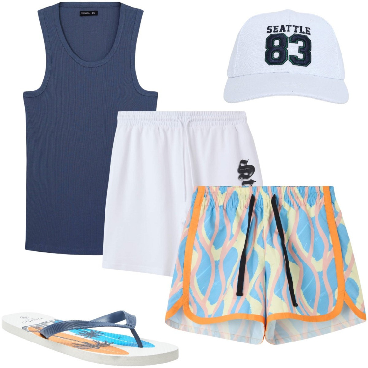 Outfit uomo - Al mare. Stile Casual per Mare. Abbinamento con costumi, sandali, cappelli, canottiere, bermuda.