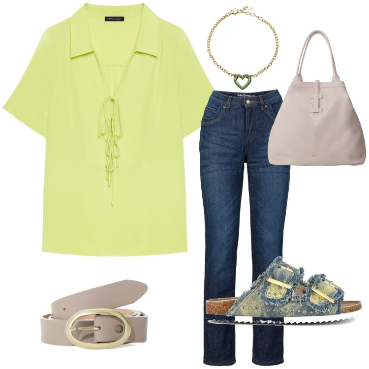 Outfit donna - Estate sprint. Stile Casual per Tutti i giorni. Abbinamento con jeans dritti, braccialetti, borse tote, cinture, sandali, bluse.