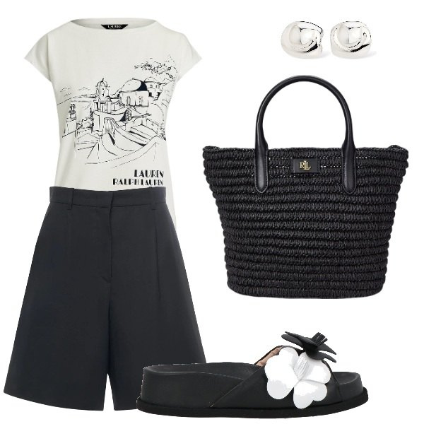 Outfit donna - spiagge in barca. Stile Urban per Mare. Abbinamento con sandali in pelle, t-shirt, borse tote, shorts, orecchini.