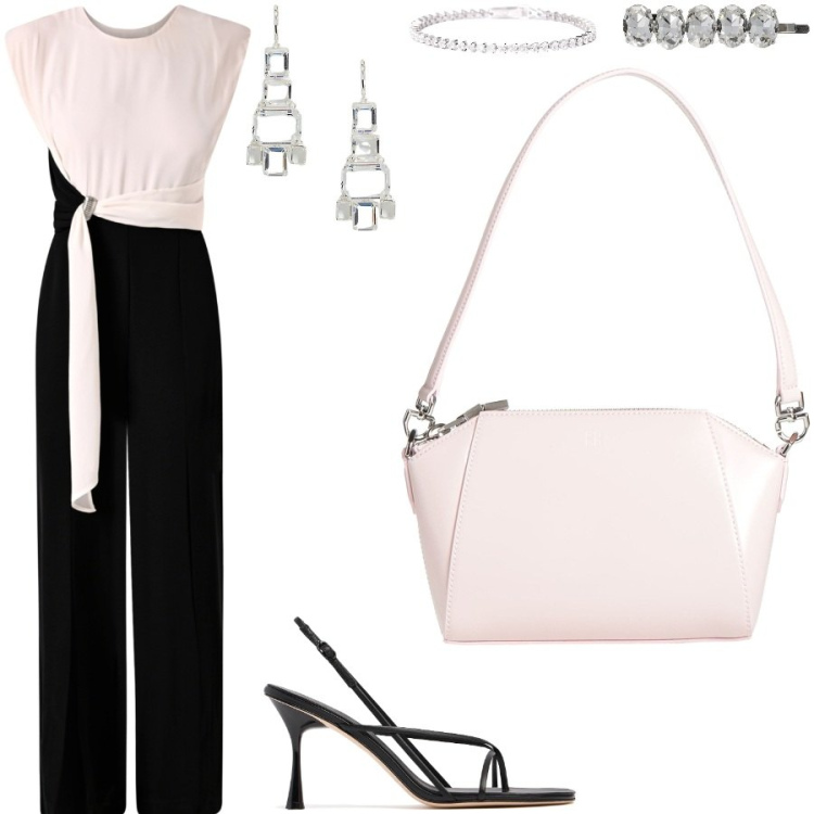 Outfit donna - Serate in vacanza. Stile Chic per Serata fuori. Abbinamento con borse a mano, braccialetti, tute, orecchini, sandali in pelle, accessori per capelli.