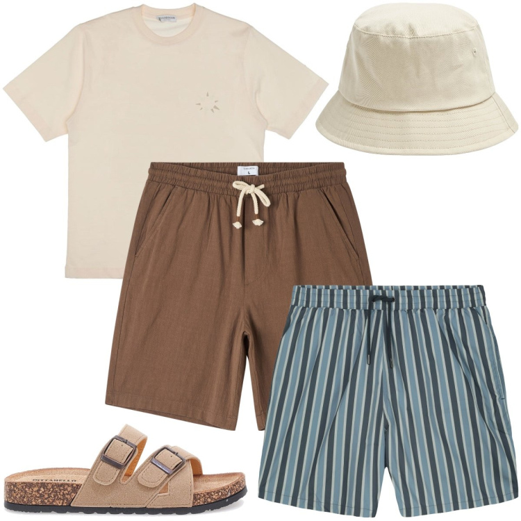 Outfit uomo - Il costume a righe. Stile Trendy per Mare. Abbinamento con cappelli, shorts, t-shirt, sandali, costumi.