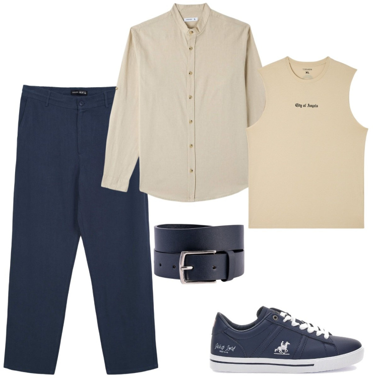 Outfit uomo - Lino protagonista. Stile Business/Elegante per Ufficio. Abbinamento con camicie, canottiere, pantaloni chino, sneakers, cinture.