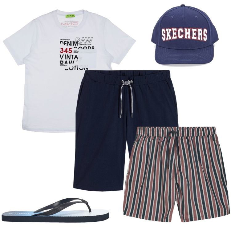 Outfit uomo - Weekend al mare. Stile Casual per Mare. Abbinamento con bermuda, sandali, t-shirt, cappelli, costumi.