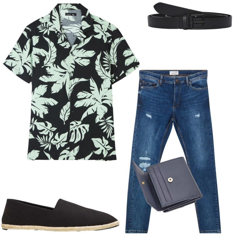 Outfit uomo - Camicia fantasia. Stile Casual per Serata speciale. Abbinamento con espadrillas, camicie a manica corta, jeans strappati, cinture, portafogli.