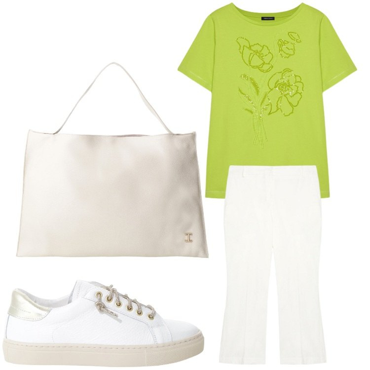 Outfit donna - Mojito. Stile Casual per Tutti i giorni. Abbinamento con sneakers, borse a spalla, t-shirt, pantaloni.