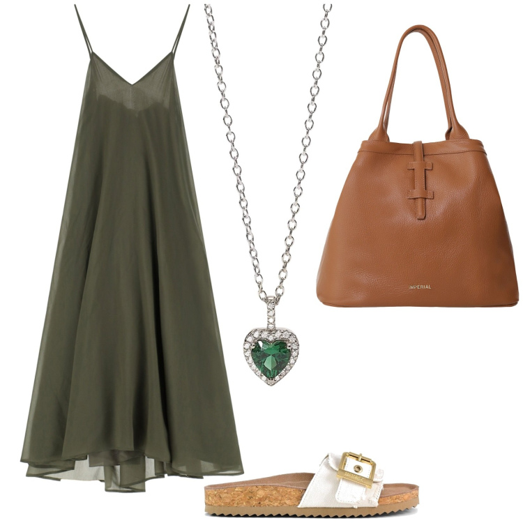 Outfit donna - Vestito comodo. Stile Casual chic per Tutti i giorni. Abbinamento con ciondoli, vestiti midi/longuette, borse tote, sandali.