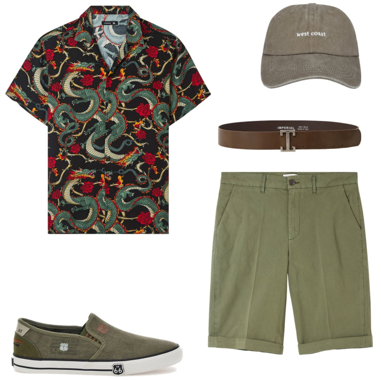 Outfit uomo - Giugno. Stile Casual per Tutti i giorni. Abbinamento con bermuda, cappelli, camicie a manica corta, cinture, scarpe stringate.